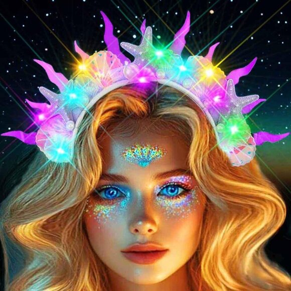 Light Up Mermaid Headband Glitter Starfish Shell Pearl Costume Hair Accessory
